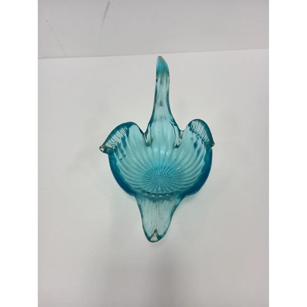 Vintage Art Glass Swan Bowl Blue Trinket Dish Decor Mid Century Modern Coastal